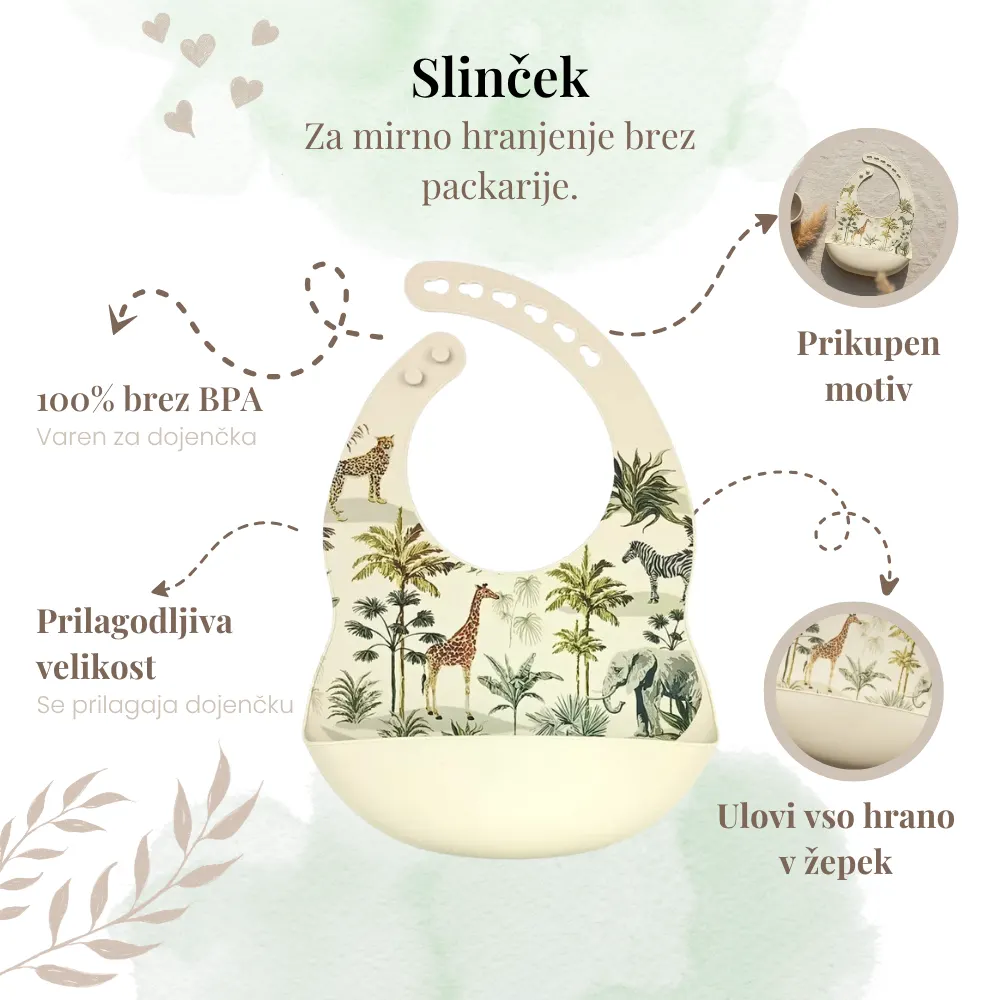 Silikonski slinček z motivom džungle, brez BPA za darilo ob rojstvu