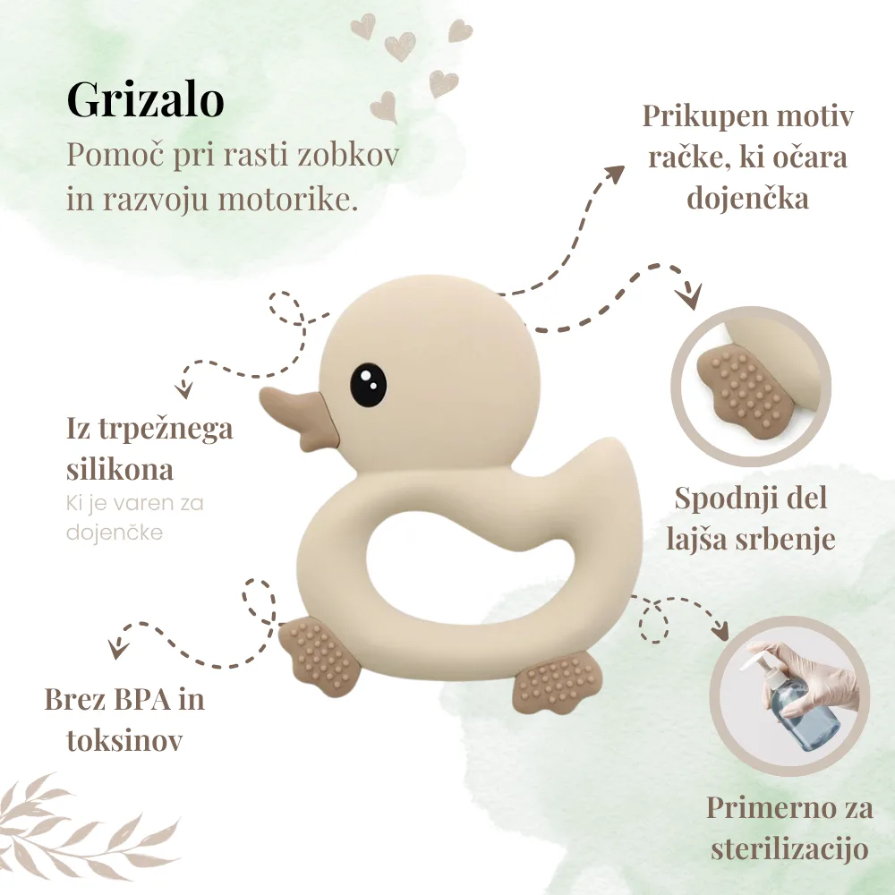 Silikonsko grizalo v obliki račke za darilo ob rojstvu