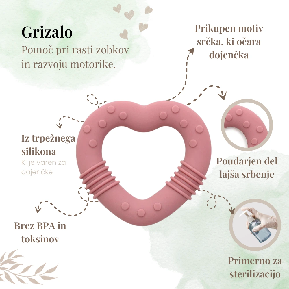 Silikonsko grizalo v obliki srčka za darilo ob rojstvu